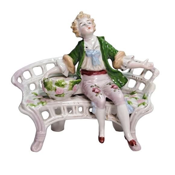 Vintage / Antique 1920s-40s Porcelain Boy Man on Bench with Basket Unmarked 5"